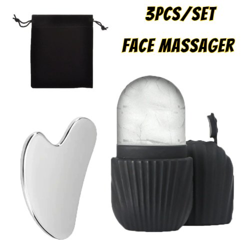 Imagen de Rodillo Facial de Acero Inoxidable con Efecto Frío + Juego de Tablero Gua Sha: Kit Completo de Masaje Facial para Cuidado de la Piel y Antiarrugas