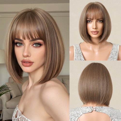 Bild von ALAN EATON Kurze Ombre-Braun-Synthetik-natürliche Bob-Perücke, gerade, mit Pony, für Damen, Party, Alltag, hitzebeständige Faser
