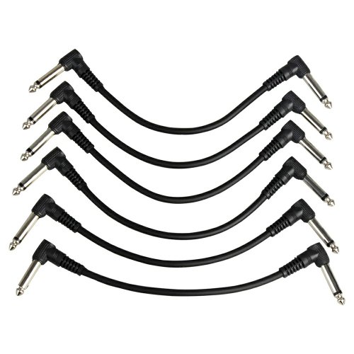 Afbeelding van Set van 6 Professionele Gitaar- en Baspatchkabels met TS 1/4" Haakse Aansluiting, Afgeschermde Kabels met Beryllium-Koperen Kern voor Laag Geluidsniveau