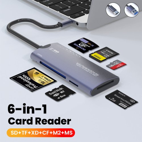 Imagen de Lector Multifuncional USB 2.0 6 en 1 para Tarjetas SD, TF, XD, CF, M2 y MS - Adaptador de Memoria Alta Velocidad para Cámaras, Ordenadores y Transferencia Rápida de Datos