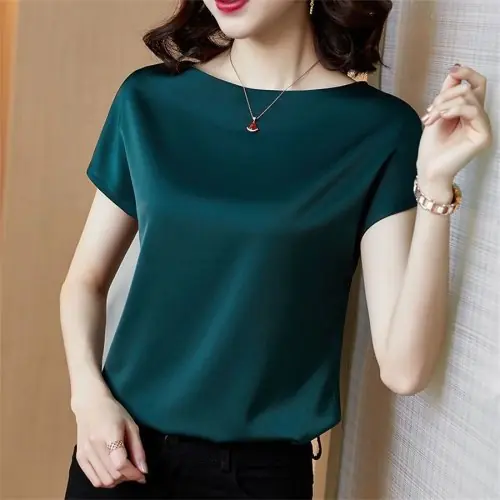 Image de Blouse Femme Satin Col Rond Manches Courtes Été