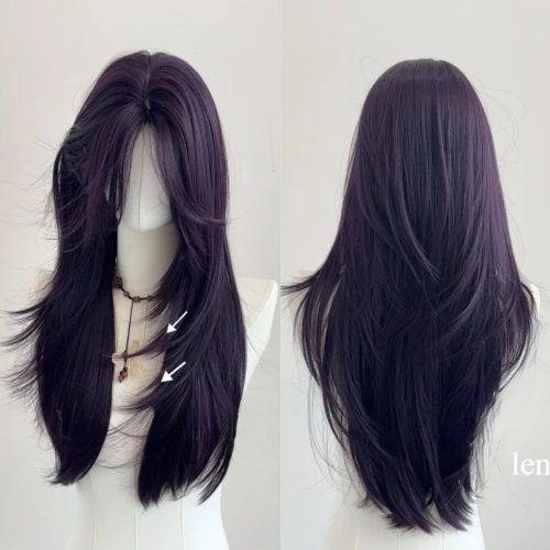 Image de Perruque Violet Foncé 22 Pouces - Cheveux Longs Raides & Frange