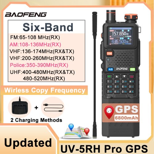 Immagine di Baofeng UV-5RH Pro GPS Walkie Talkie con Batteria Estesa da 6800mAh, Allarme Anticaduta, Ricevitore NOAA, Multibanda e Copia Frequenza Radio Wireless