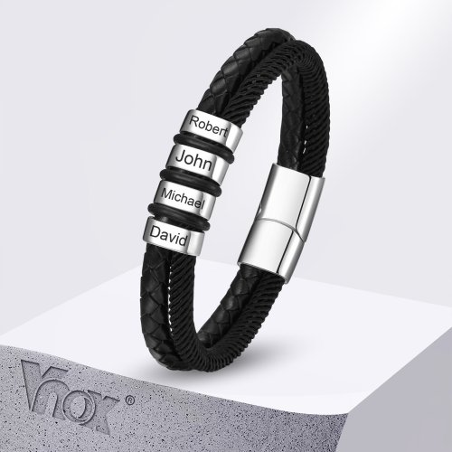 Image of Personalized Family Name Bracelet for Men – Custom Stainless Steel Bead Bracelet for Dad, Grandpa, or Loved One – Ideal Christmas Gift