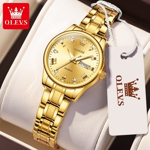 Imagen de Reloj de Pulsera Olevs de Cuarzo para Hombre y Mujer, Cronógrafo de Acero Inoxidable Dorado con Diseño de Lujo y Resistencia al Agua