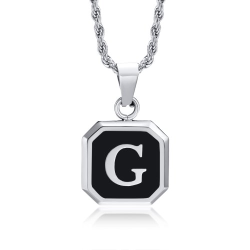 Image de Collier Initiale A-Z - Noir Carré Acier Inoxydable