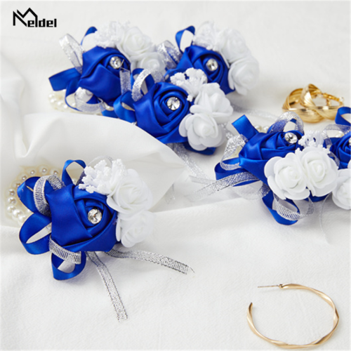 Image of Elegant Royal Blue and Pink Wrist Corsages Set of 6 – Perfect for Weddings, Proms, Bridal Parties, Bridesmaids, Mothers, and Special Occasions
