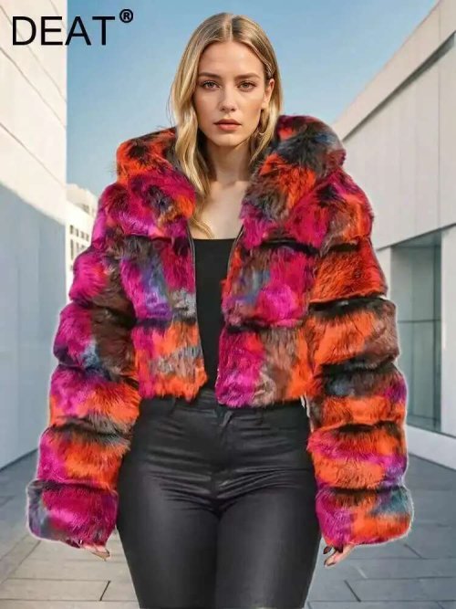 Zdjęcie Elegancki płaszcz damska z sztucznego futra z kapturem i długim rękawem – luźna, gruba, ciepła kurtka zimowa pluszowa 2024 nowa moda