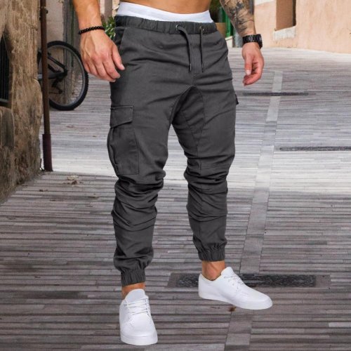Imagen de Pantalones Cargo de Algodón para Hombre con Banda en el Tobillo, Múltiples Bolsillos y Cintura Elástica - Ideal para Entrenamiento, Gimnasio y Actividades al Aire Libre