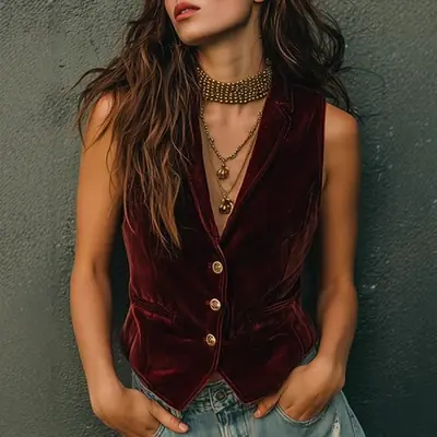 Image de Veste Vintage Velours Sans Manches - Style Harajuku