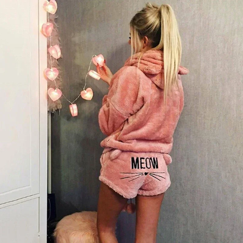 Image of Cozy Women's Coral Velvet Pajama Set with Cute Cat Meow Pattern – Autumn Winter Warm Two-Piece Sleepwear Hoodie and Shorts