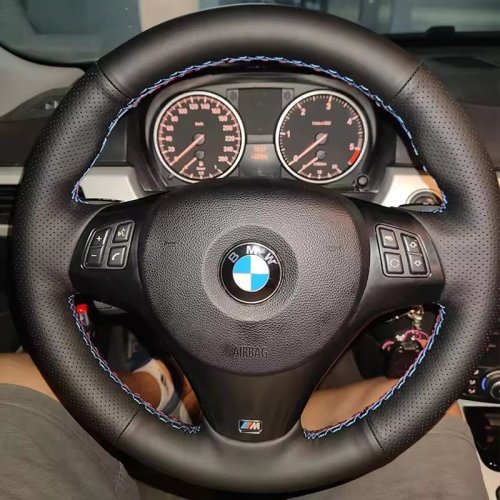 Bild von Vollschwarze Lederlenkradabdeckung mit Geflecht für BMW E81, E90, M3, E91, E92, E93, E87, E82, E88, X1 E84 – Premium Weichleder für Sport- und M-Modelle