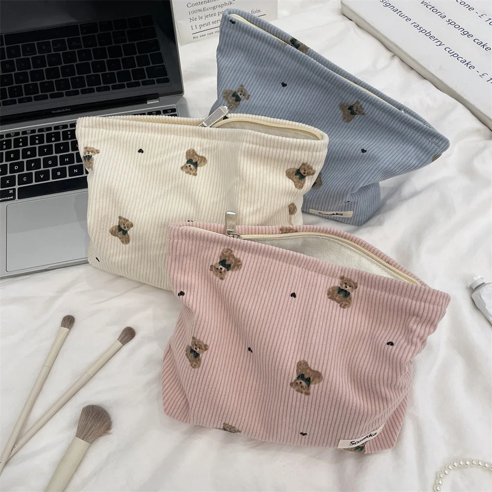 Image of Adorable Cartoon Bear Corduroy Cosmetic Bag for Women – Portable Clutch Purse with Lipstick Holder and Makeup Storage for Daily Commute