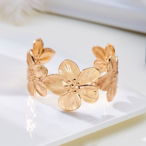 Image of Elegant Gold-Plated Stainless Steel Hollow Flower Butterfly Adjustable Cuff Bracelet for Women
