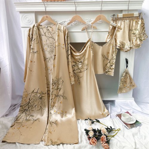 Zdjęcie Elegancki nadruk kwiatowy piżama 5 częściowy zestaw damski Casual szlafrok Kimono suknia seksowna jedwabista koszula nocna ze sztucznego jedwabiu luźne ubrania domowe
