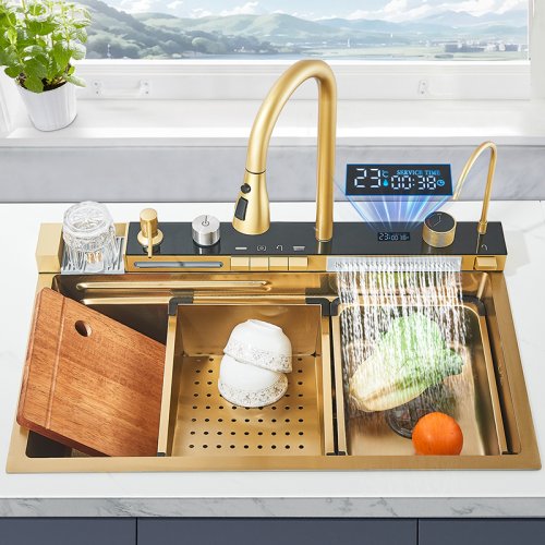 Imagen de Fregadero de cocina de acero inoxidable con grifo, 75x45cm, gran cuenco individual, pantalla Digital, lavabo, cascada, grifos fríos y calientes