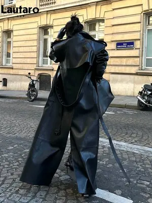 Trench Coat Faux Cuir Noir Extra Long Femme