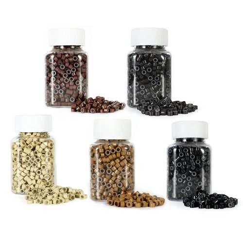 Immagine di 1000 Pezzi di Microlink per Estensioni Capelli in Silicone, Perline da 5mm e 3mm, Foderate, Colore Biondo, Nero e Marrone per Applicazione Professionale
