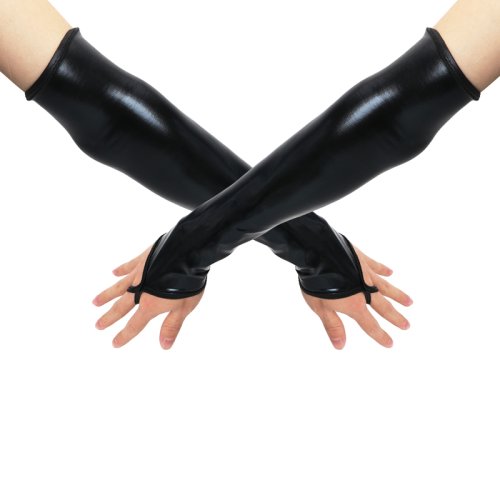 Image of Elegant Long Black Metallic-Feel Synthetic Leather Gloves with Arm Sleeves – Stylish Costume Accessory for Women
