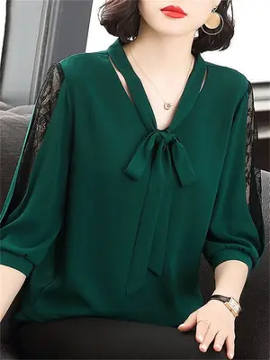 Image de Blouse Dentelle Femme Printemps-Été - Style Décontracté avec Nœud Papillon