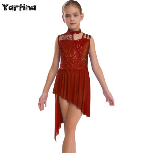 Imagen de Vestido de Danza para Niños y Niñas con Encaje Floral y Rhinestones para Gimnasia Rítmica, Ballet, Patinaje Artístico y Danza Contemporánea