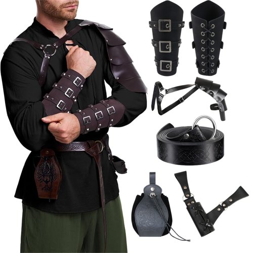 Immagine di Set Completo di 6 Accessori per Costumi Rinascimentali da Uomo: Camicia da Pirata Medievale, Pantaloni e Abbigliamento Vikingo per Halloween e Feste in Costume