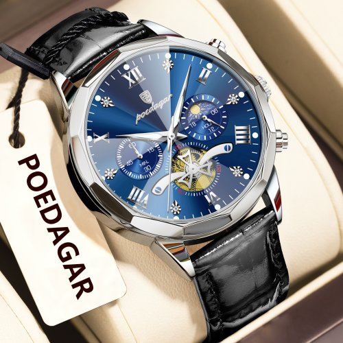 Afbeelding van POEDAGAR Luxe mode herenhorloge Waterdicht lichtgevende chronograaf sporthorloges voor heren Leer quartz zakelijk herenpolshorloge