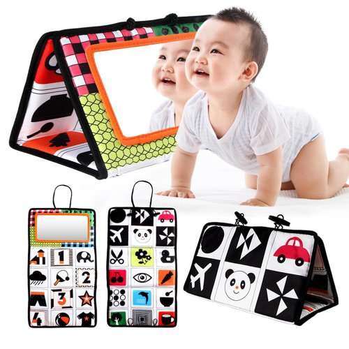 Imagen de Juguetes de espejo para recién nacidos en blanco y negro, tiempo de barriga para bebés, desarrollo Montessori, juguete sensorial de actividad de alto contraste para gatear