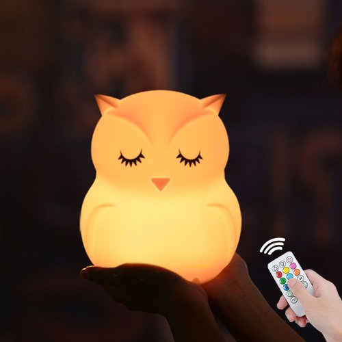 Imagen de Luz LED nocturna de búho con Sensor táctil, Control remoto, temporizador regulable de 9 colores, lámpara nocturna de silicona recargable para niños, regalo para bebés