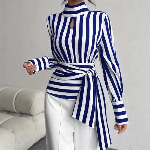 Zdjęcie Elegancka damska koszula w czarno-białe paski – jesienna nowość w stylu retro z kołnierzem typu szal i długim rękawem