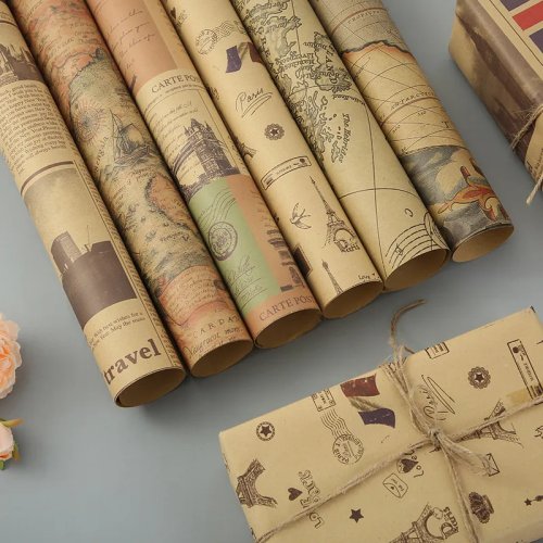 Imagen de Papel Kraft Retro con Mapa Mundial - Ideal para Regalos Creativos