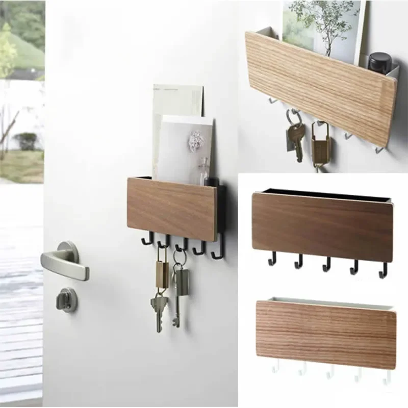 Imagen de Colgador de Llaves de Bambú Ecológico con Ganchos para Abrigos y Organizador de Pared – Estantería Rectangular Natural para Decoración del Hogar
