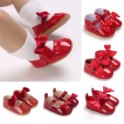 Image of Adorable Red Princess-Style Baby Shoes for Newborns & Infants 0-12 Months – Festive, Soft Sole Walking Shoes with Sweet Design