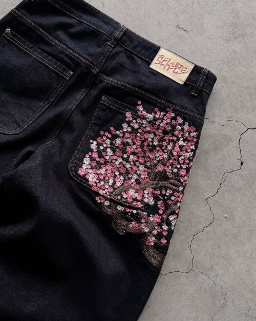Image of Cherry Blossom Selvedge Embroidery Denim Pants – Y2K Retro Men's Casual Baggy Straight Wide Leg Jeans for Hip Hop Streetwear Style
