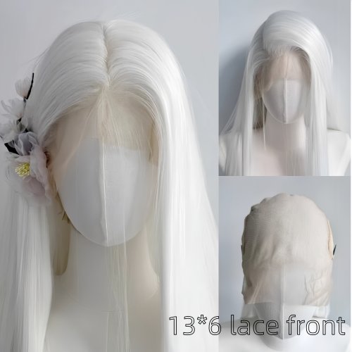 Image of Natural Looking 26-Inch Long Straight White Synthetic Lace Front Wig for Women – High-Quality Fiber, Full Hairline, Perfect for Cosplay & Everyday Wear