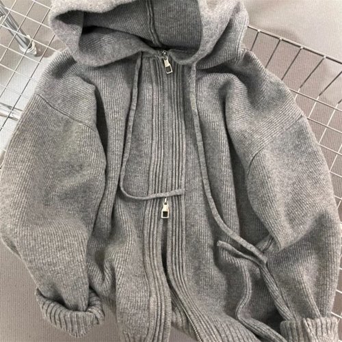 Imagen de Suéter con Capucha Gris Coreano para Mujer, Prenda Exterior Holgada de Punto Grueso con Doble Cremallera para Primavera, Otoño e Invierno
