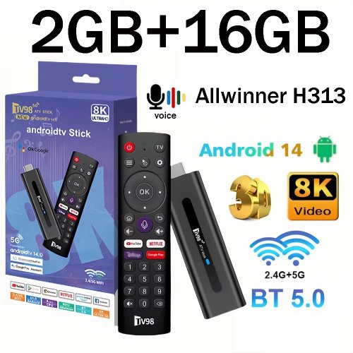 Zdjęcie Smart TV Stick TV98 z Androidem 14, procesorem Allwinner H313, obsługą 4G/5G, Wi-Fi, HDMI 4K/8K, Bluetooth 5.0, 2 GB RAM, 16 GB pamięci oraz pilotem głosowym