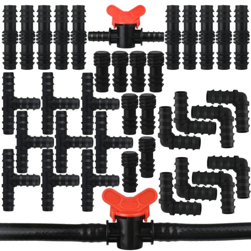 Image of Complete 1/2 Inch Drip Irrigation Connector Kit with Couplings, Tees, Elbows, and Plugs for Garden Watering System Repair and Extension