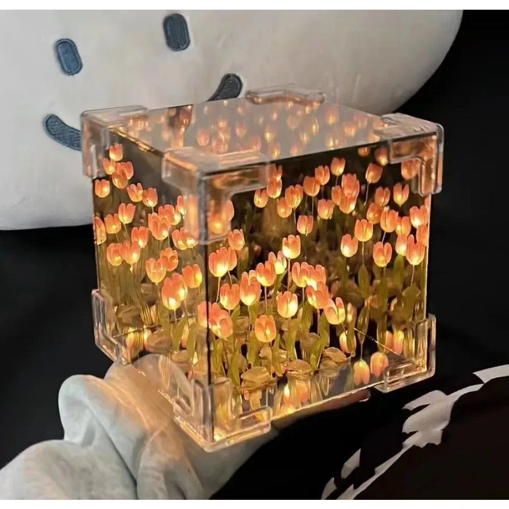 Imagen de Kit DIY para Crear una Lámpara de Noche Tridimensional con Flor de Tulipán de Mar en Cubo: Decoración Natural y Romántica para el Hogar