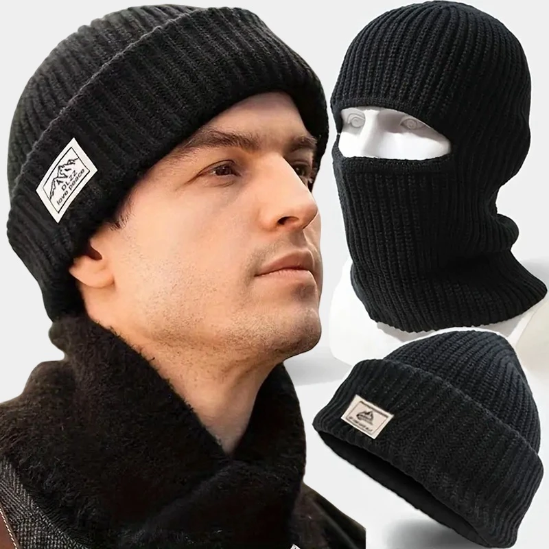 Imagen de Gorro con máscara 2 en 1, gorro tejido grueso, pasamontañas de esquí para invierno, máscara facial completa térmica a prueba de viento, orejeras para correr a prueba de frío