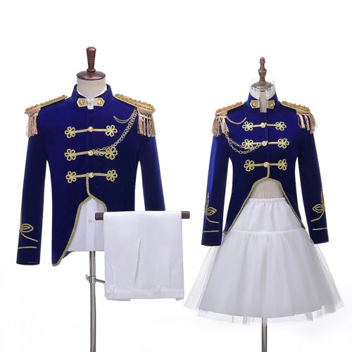 Image of Elegant Navy Blue Two-Piece Dress Suit for Men and Women – Perfect for Stage Performances, Studio Photography, Orchestra Events, and Couples' Formal Occasions