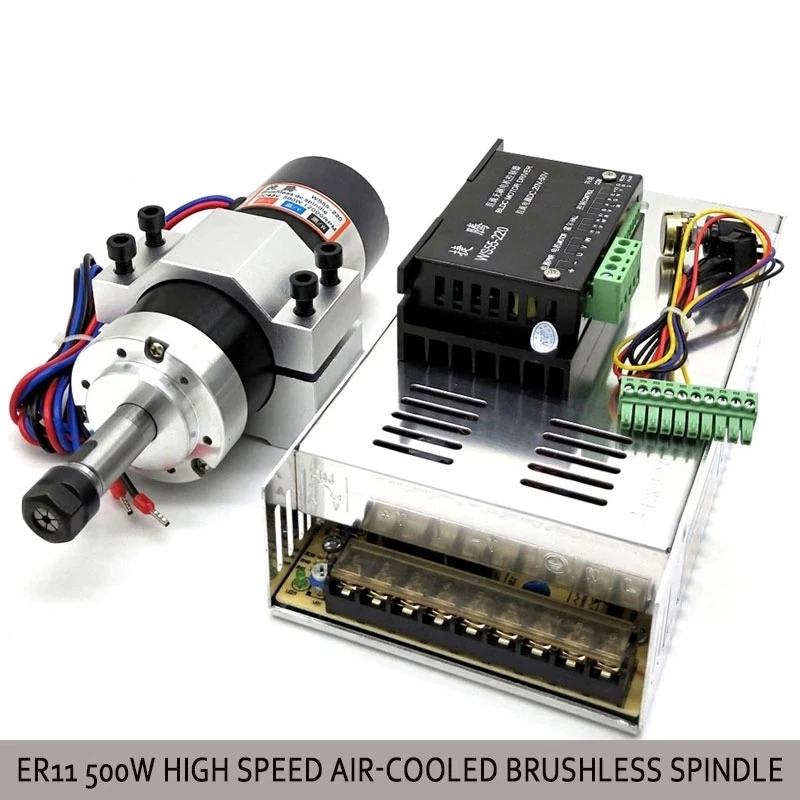 Afbeelding van 55mm PCB Borstelloze Spilmotor Graveermachine 48V 12000 RPM met ER11 en ER16 Spantang, 500W en 300W Luchtgekoelde Motor, Voeding en Driver Klem voor Precisie Metaalbewerking