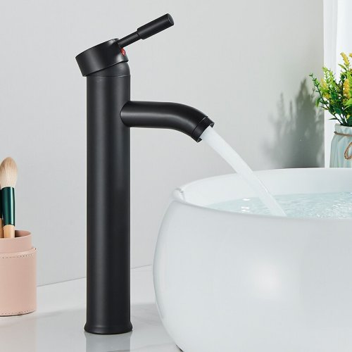 Image of Matte Black Minimalist Bathroom Faucet with Hot and Cold Water Mixer, Deck Mount Stainless Steel Basin Tap for Single Hole Sink