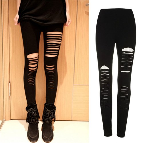 Zdjęcie Czarny Punk zgrywanie rozdarty ścięty Cut legginsy w paski spodnie Gothic Club asymetryczny otwór elastyczne smukłe spodnie ołówkowe dla kobiet dziewczyna