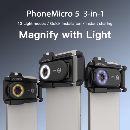 Image of Apexel 100X 150X 200X Macro Microscope Lens Kit with LED Light for iPhone, Android & All Smartphones – Professional Jewelry Inspection & Close-Up Photography Accessory