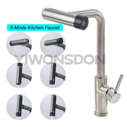 Imagen de Grifo de Cocina Gris con 6 Modos, Cabezal Rotatorio Extraíble y Rociador de Corriente Negra, Mezclador de Fregadero en Acero Inoxidable con Acabado de Níquel Cepillado
