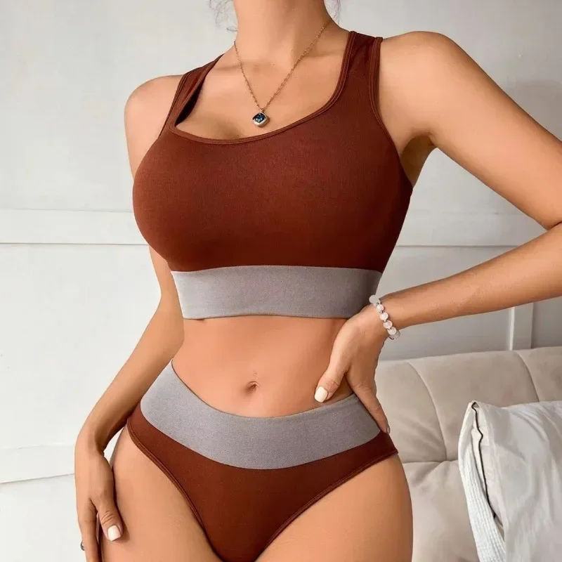 Image of Soft Seamless Bra Set with Sexy Mid-Waist Panties and Comfortable Sports Underwear for Women – Wire-Free Lingerie & Tank Top Ensemble