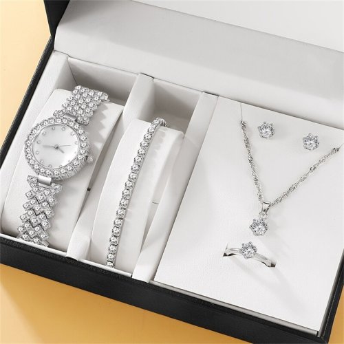 Immagine di 6 pezzi Set orologio di lusso da donna anello collana orecchino strass moda orologio da polso Casual da donna orologi bracciale Set orologio