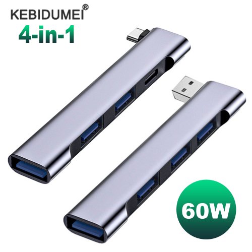 Zdjęcie Hub USB-C 4 w 1 z ładowaniem PD 60W – Wieloportowy Rozdzielacz USB 3.0/3.1 z Przekaźnikiem OTG dla Xiaomi, Lenovo, MacBook Pro 13/15, Air i innych Urządzeń