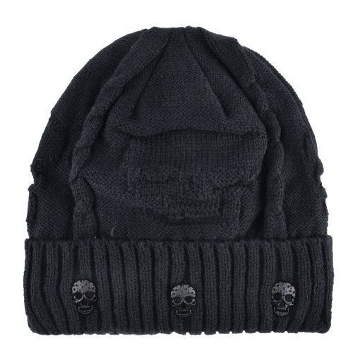 Bild von Herren Wintermütze aus Strick mit Metallschädel-Design – Einfarbige, dicke Beanie-Hut mit Samt-Innenfutter für kalte Tage